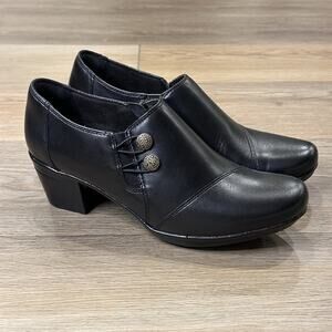 Clarks Emslie Warren Womens 9.5 Ankle Booties Side Zip Black Leather Shoes EUC